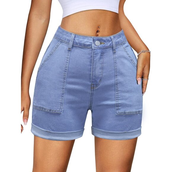 Light Blue High Waisted Stretchy Casual Denim Shorts Ripped Frayed Hem Summer - Picture 2 of 6